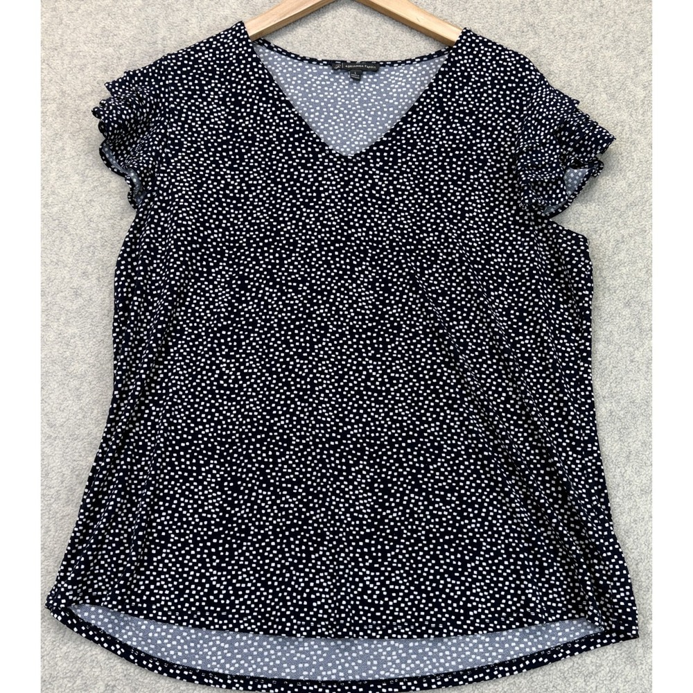 Adrianna Papell Womens Blouse Top Black Ruffle Flutter Sleeve Square Dot Print L